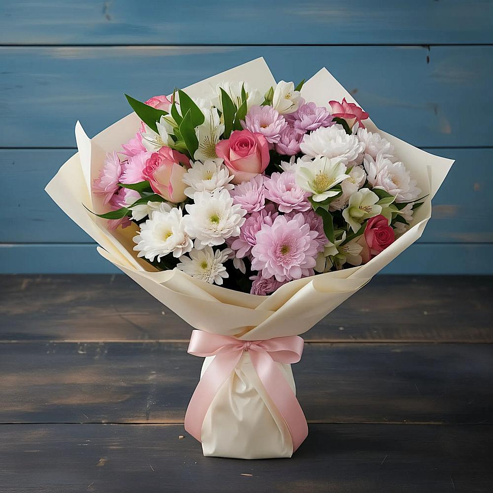 Букет цветов из: Хризантемы, Альстромерии и Розы в Пыталово